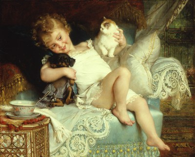 Émile Munier – Dziewczynka z kotkiem i z pieskiem – reprodukcja